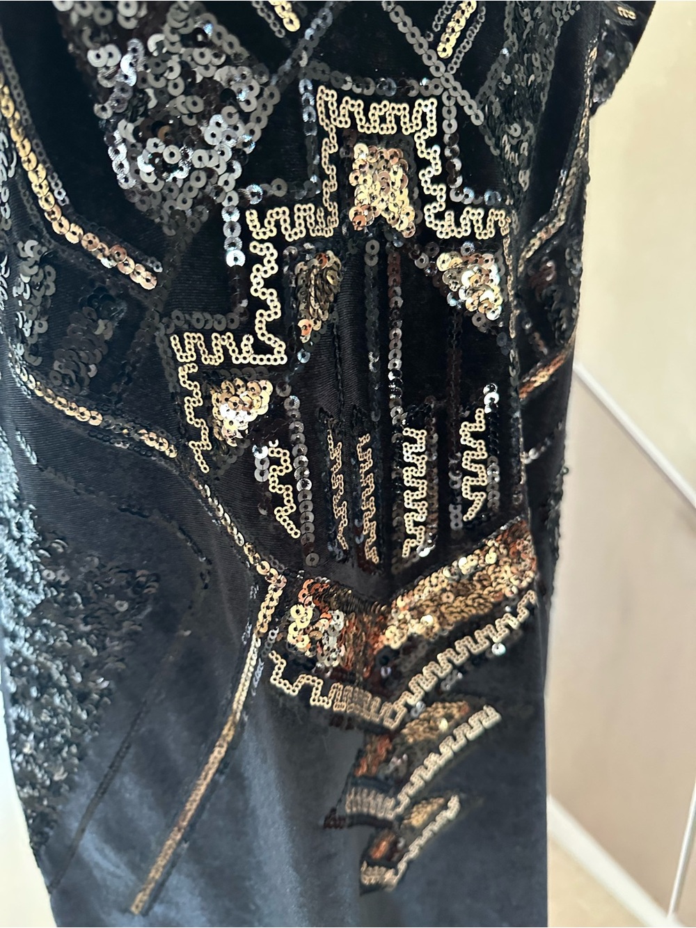 Black Velvet Sequin Mini Dress Art Deco Geometric Gold Black Mobwife Glam Chic - Picture 4 of 10